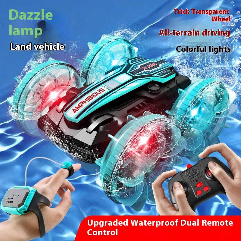 New Led Amphibious Rc Car Dual Remote Control Waterproof Stunt Car Double Side Flip Drift Drive 360 ° Rotation Rc Cars Kids Toy