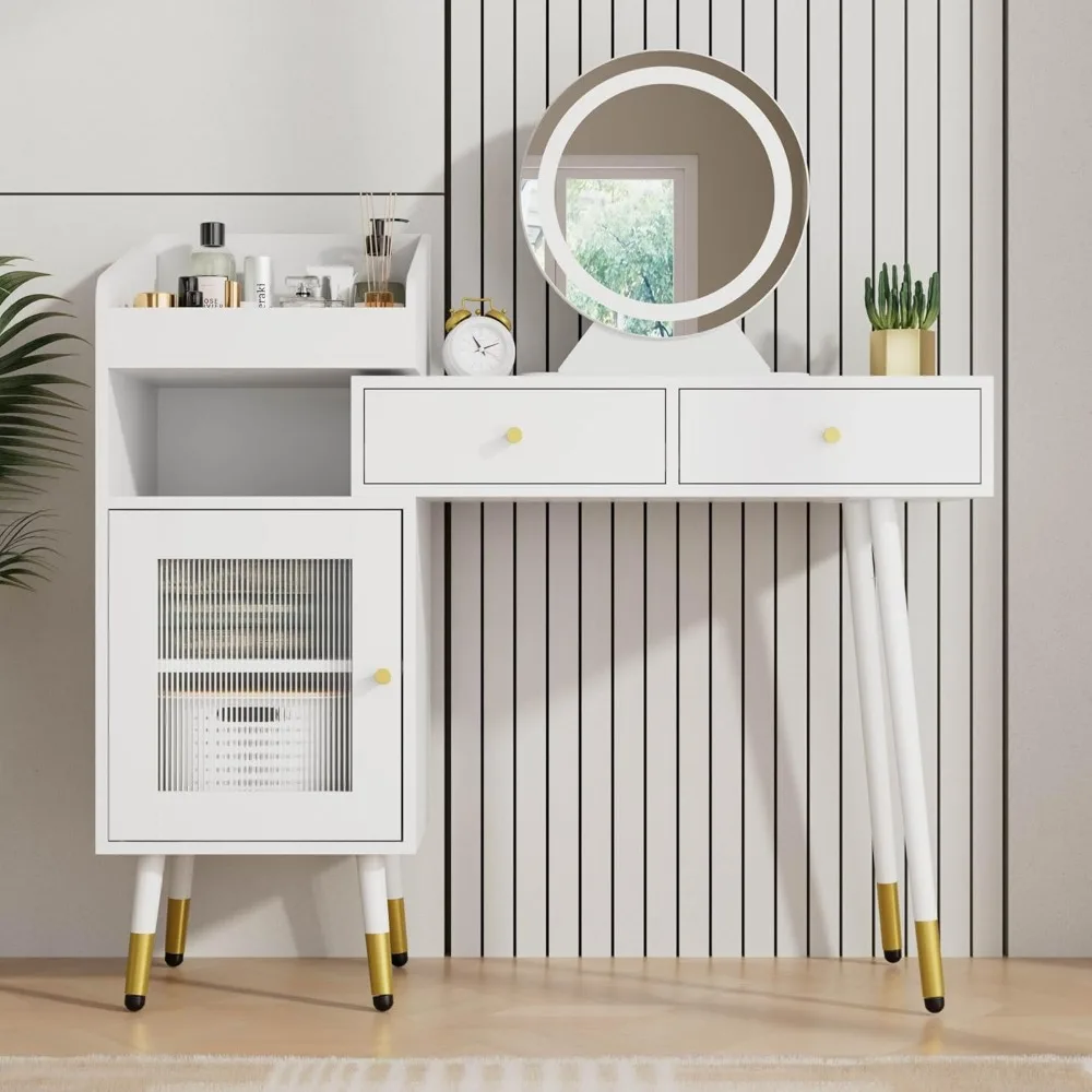 Cozy Castle Vanity Desk with Mirror and Lights，Adjustable Makeup Vanity Desk with Lighting Modes