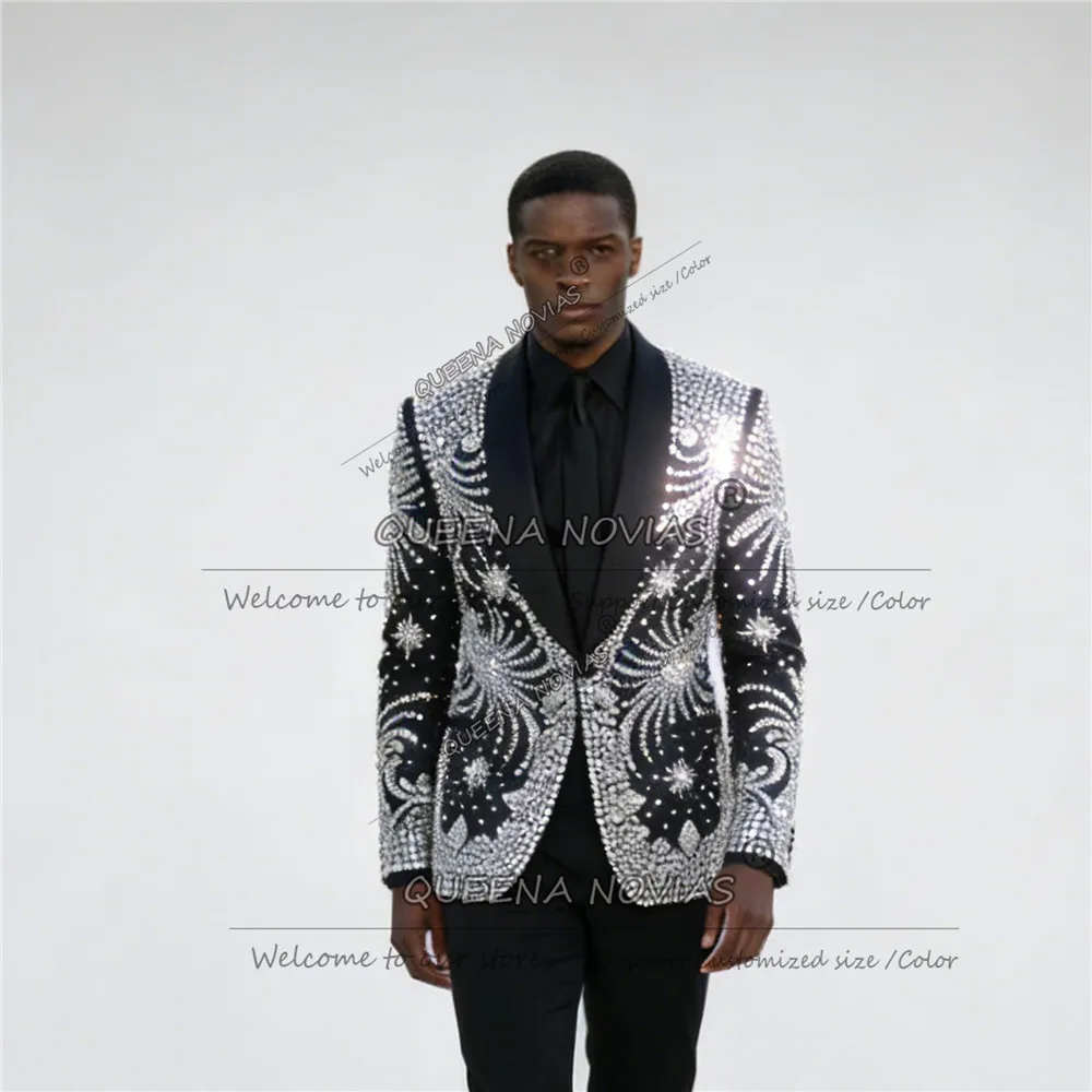 Costumes de mariage pour hommes en cristal de strass exquis, smoking ajusté, Ropa hombre, ensembles de 2 pièces, blazers pour marié perlés, sur mesure
