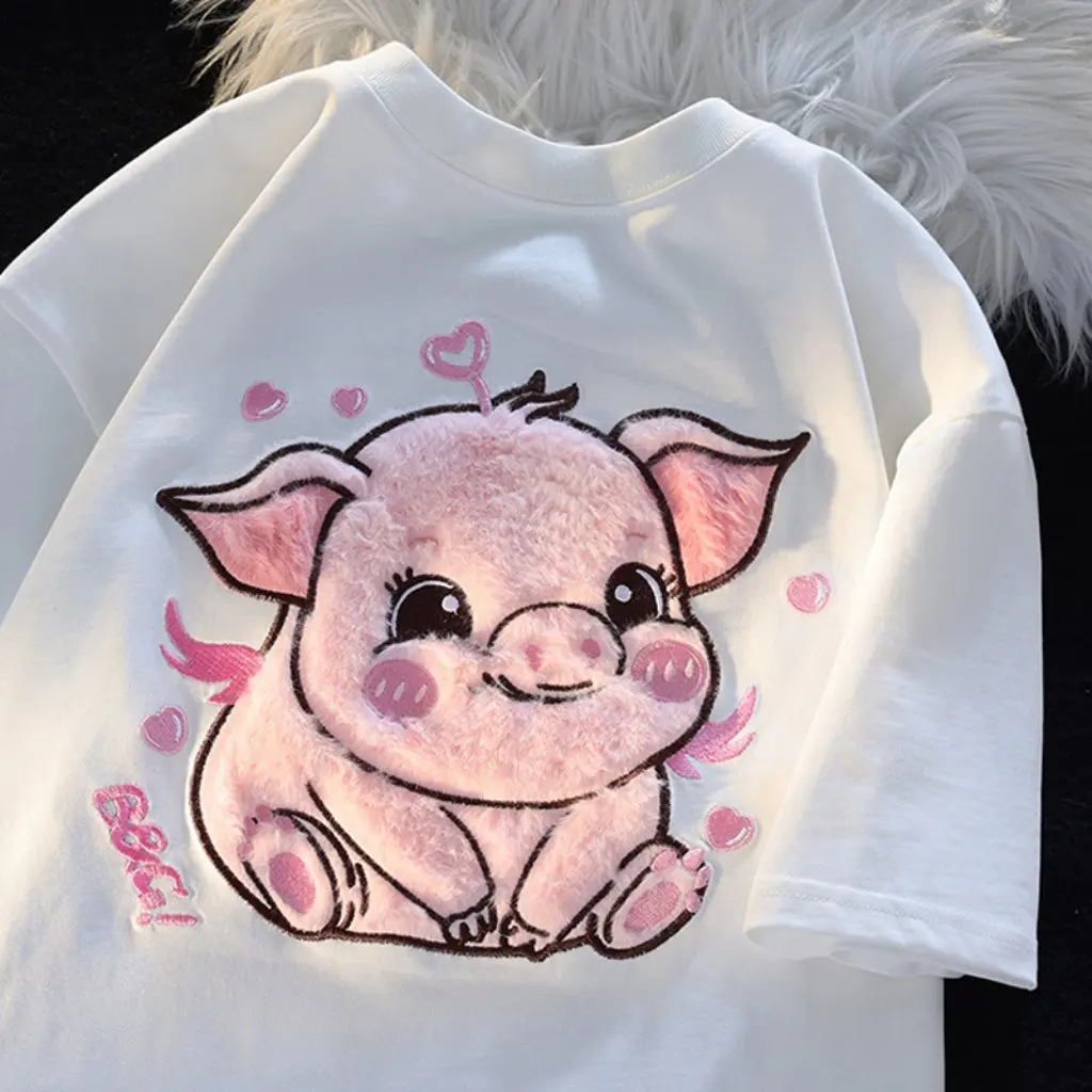 

Japanese Retro Flocking Piggy Short-Sleeved T-Shirt Unisex Niche Design Couple's Lazy Style Bf Half-Sleeved Top