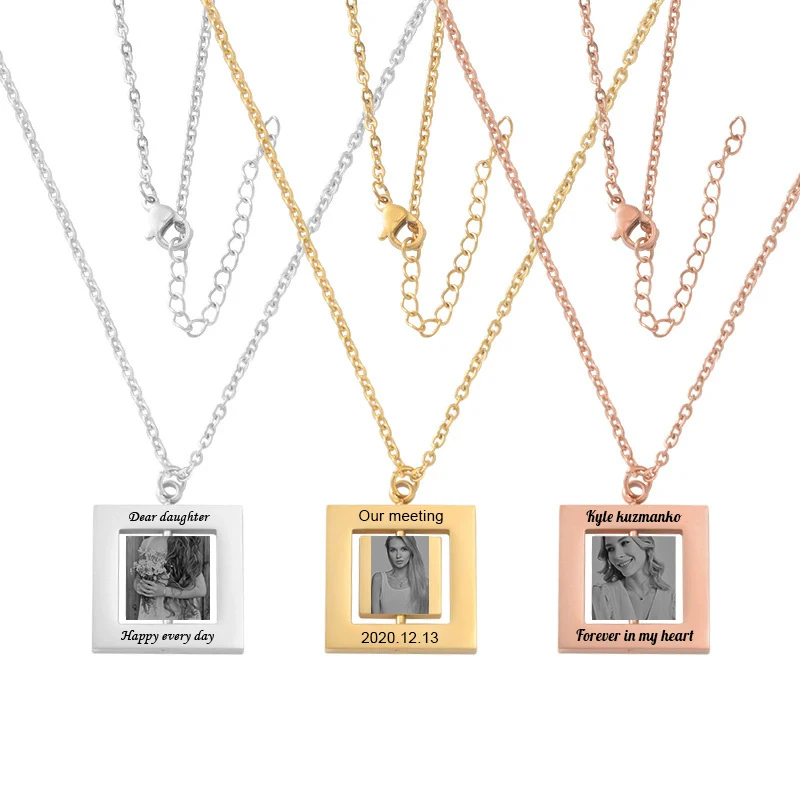 New Custom Picture Text Necklace Stainless Steel Rotatable Geometric Square Pendant Necklace Family Jewelry Gift For Men Women