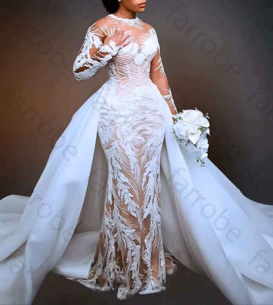Customized Illusion Mermaid Ivory O-Neck Wedding Dresses Elegant Lace Celebrity Dress Exquisite High Quality Prom Party Gowns