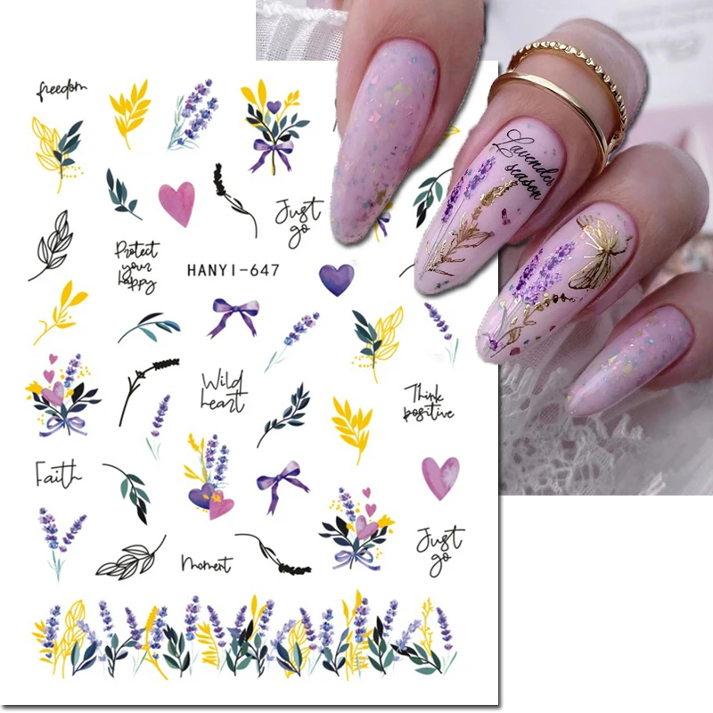 3D Nail Art Aufkleber golden lila Lavendel Blumen Herz Bowknot Buchstaben selbst klebende Schieber Aufkleber für Nagel dekorationen Maniküre