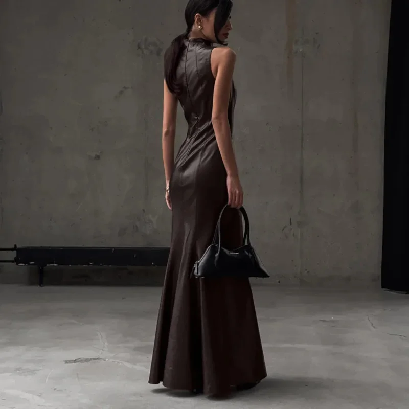 

Women Faux Leather Sleeveless Maxi Dress High Neck High Waist Bodycon Mermaid Gown For Evening Party Cocktail Date Night Formal