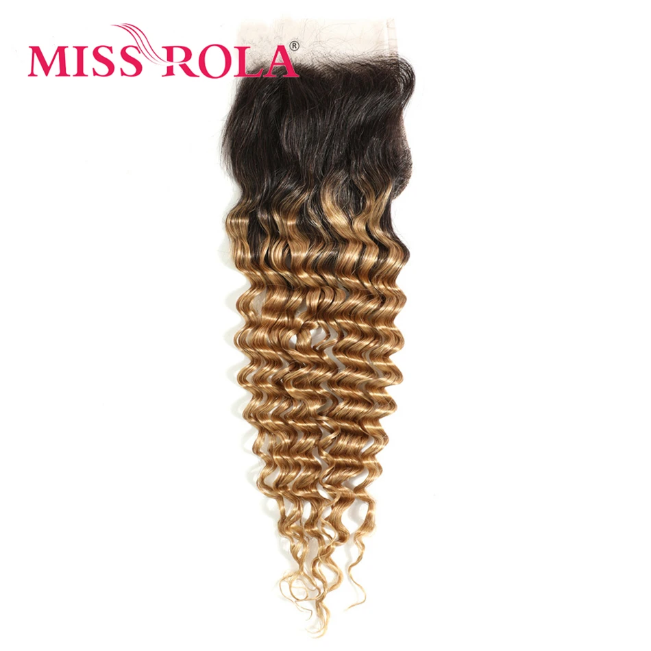 Miss Rola Hair Brazilian Deep Wave Hair Lace Closure 100% Human Hair 4x4 Lace Closures Curly Remy Blonde 99J Highlight Brown