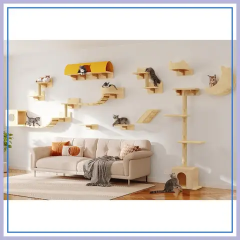 26-in-1 Cat Wall Shelves with Cat Tree, 40"L Tunnel, Scratching Posts, House, Step, Floating Bridge, 63" Tower, Beige