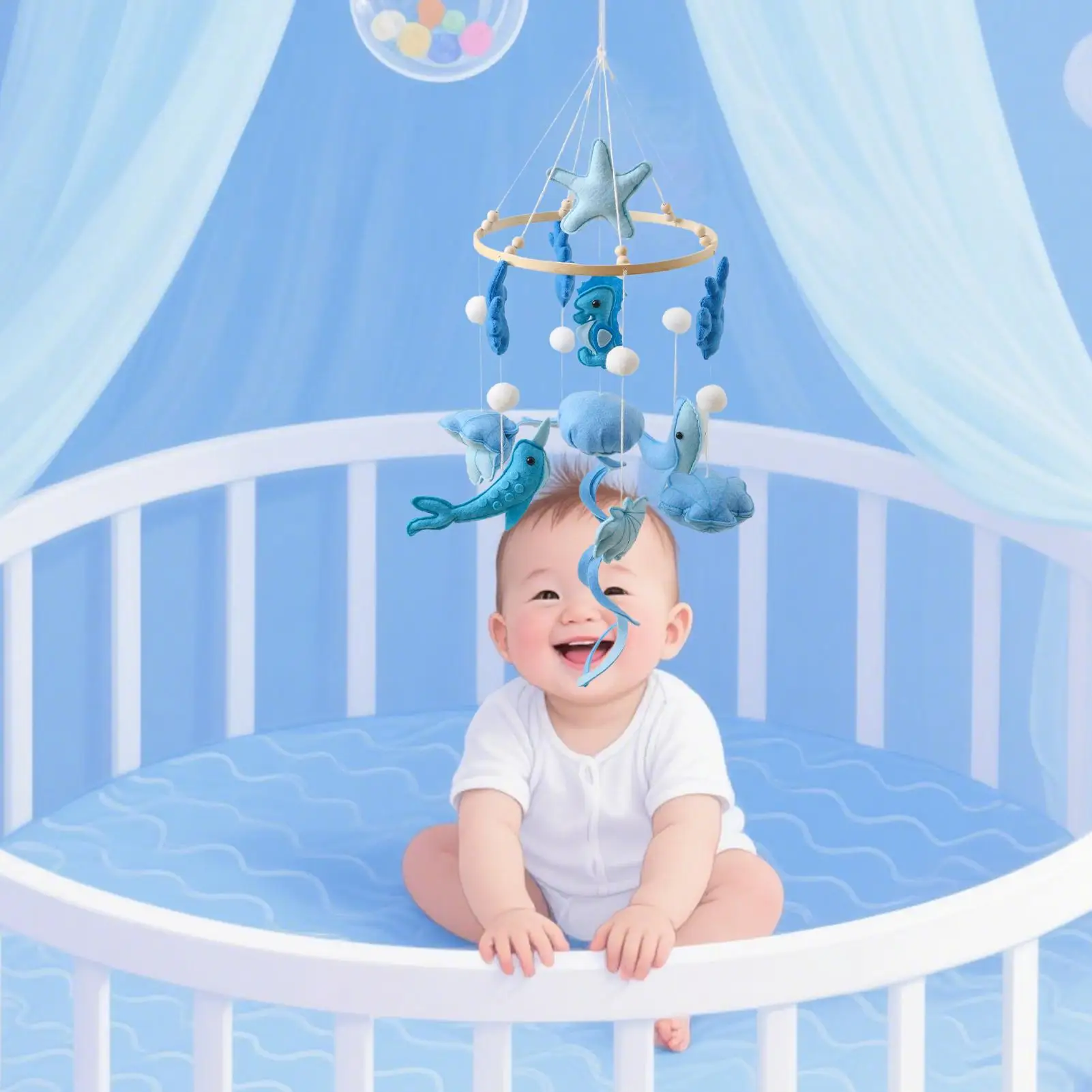 Babymobiel voor wieg Handgemaakte wieg Mobiel marien thema Rustgevende bedbel Ophangbaar voor plafonddecorateurs Jongens Meisjes Foto