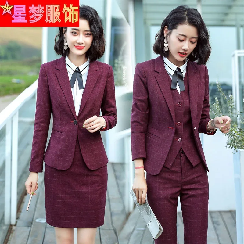 

8236 Long Sleeve Plaid Business Wear Office Lady Suit Professional Skirt Office Work Clothes Business Formal Wear Suit