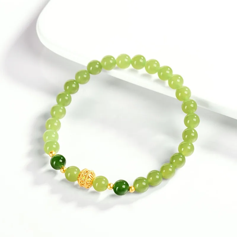 

TIMESWIND Light Green Natural Hetian Jade Round Bead Alloy Hollow Women Bracelet Certificate