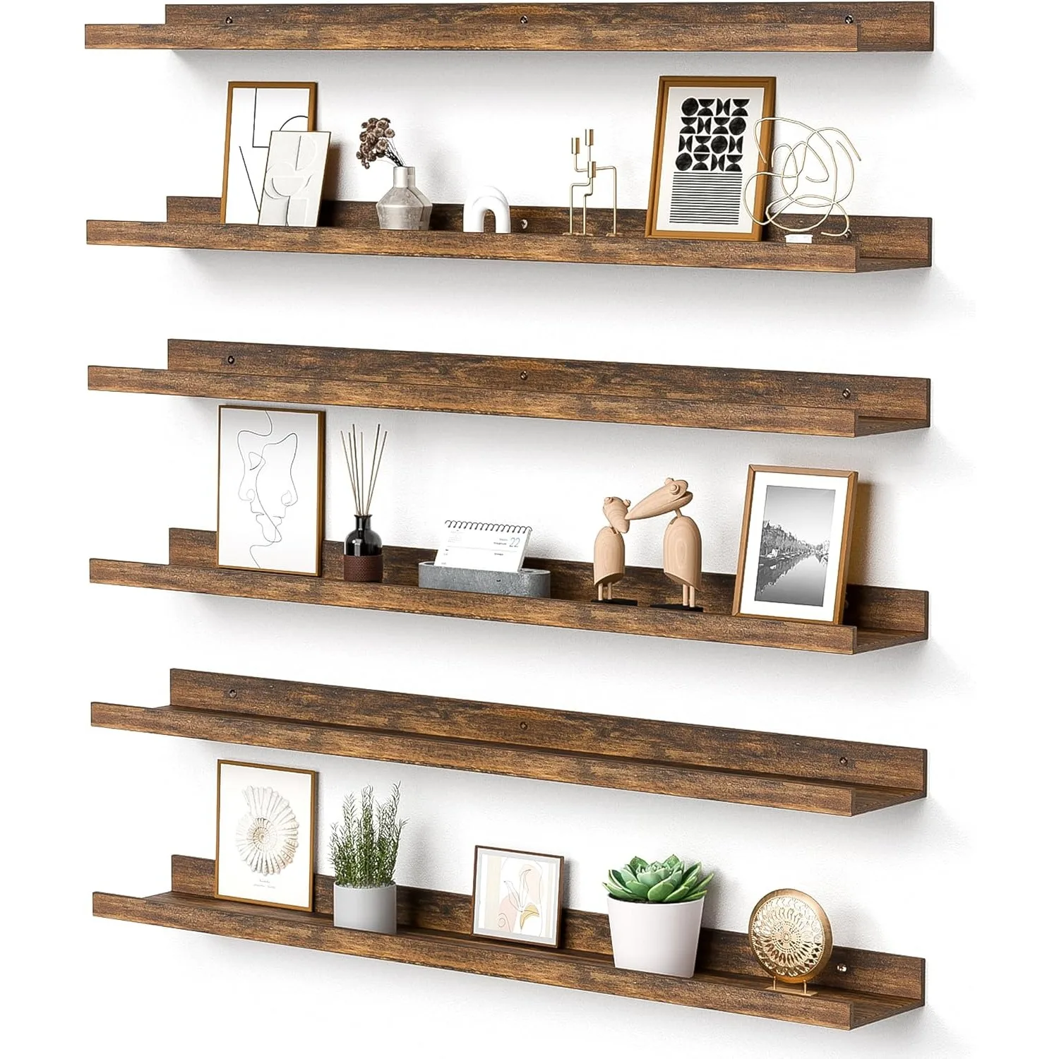 

Floating Shelves for Wall, Wood Mounted Shelf Decor Storage Set of 6, for Living Room, 35.5 inch Long Picture Ledge, Brown