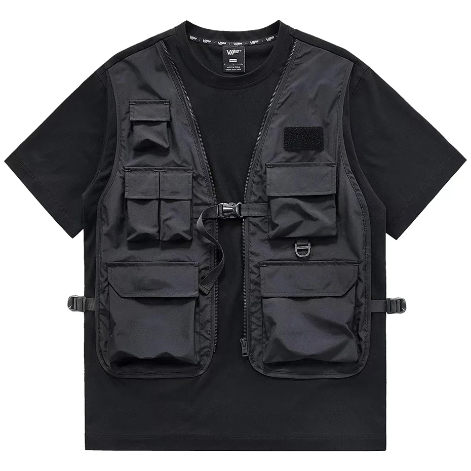 

Techwear T Shirts Y2K Function Cargo Tops Men's 2023 New Streetwear Hip Hop Tshirt Vest Fake Two Piece Ninja Darkwear Tee Shirt