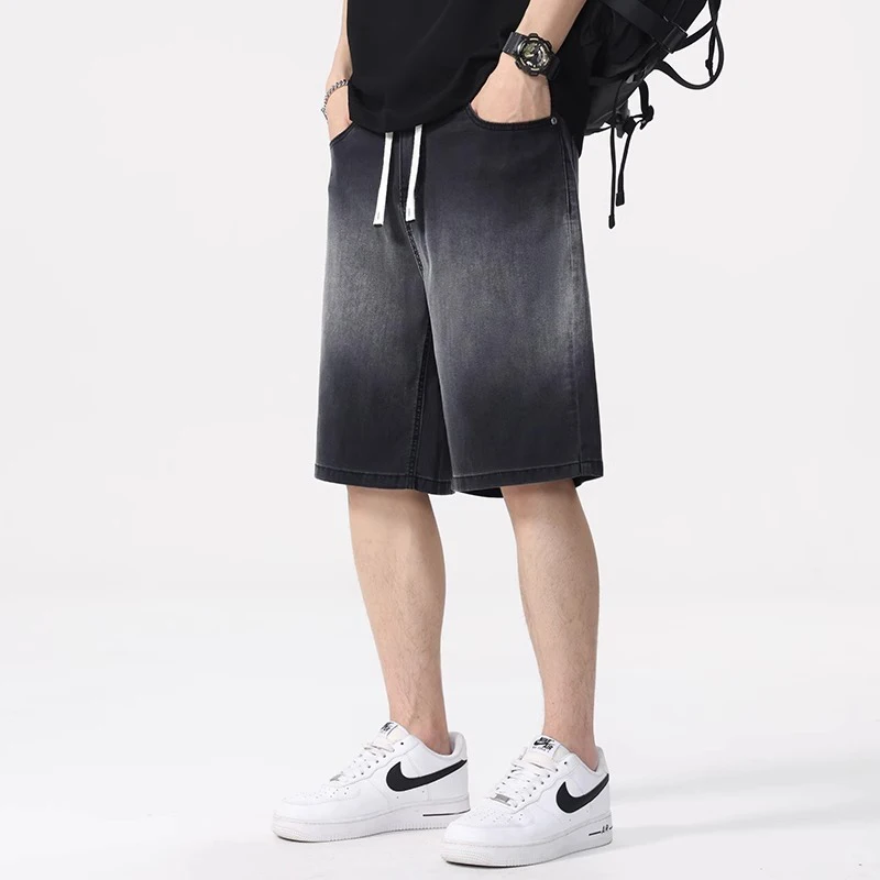 

Fashion Men Summer Lightweight Gradient Color Denim Short Pants Loose Straight Trend Casual Jeans Male Daily Commute Shorts