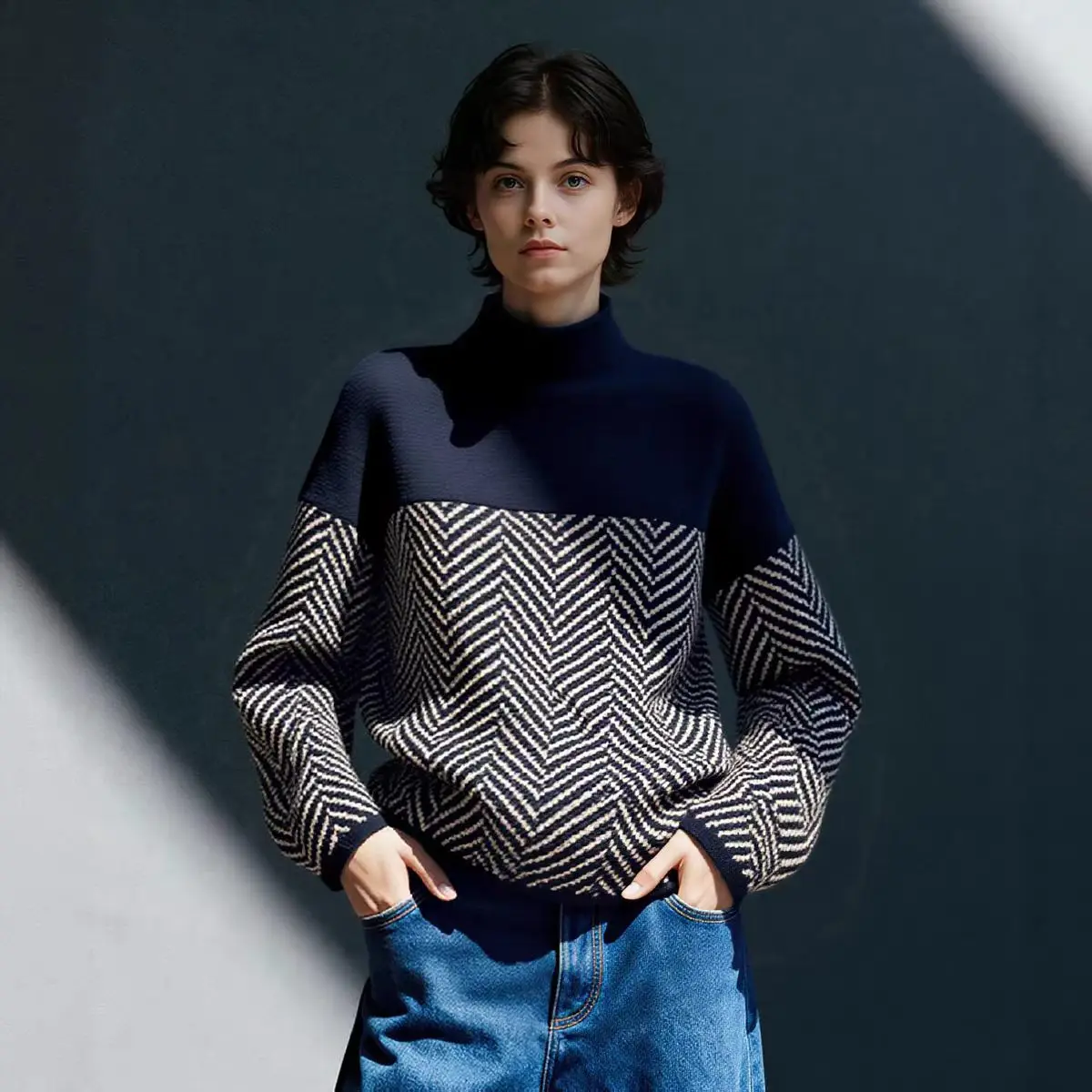 Advanced good-looking color matching turtle neck women's autumn and winter new plus size loose lazy sweater top