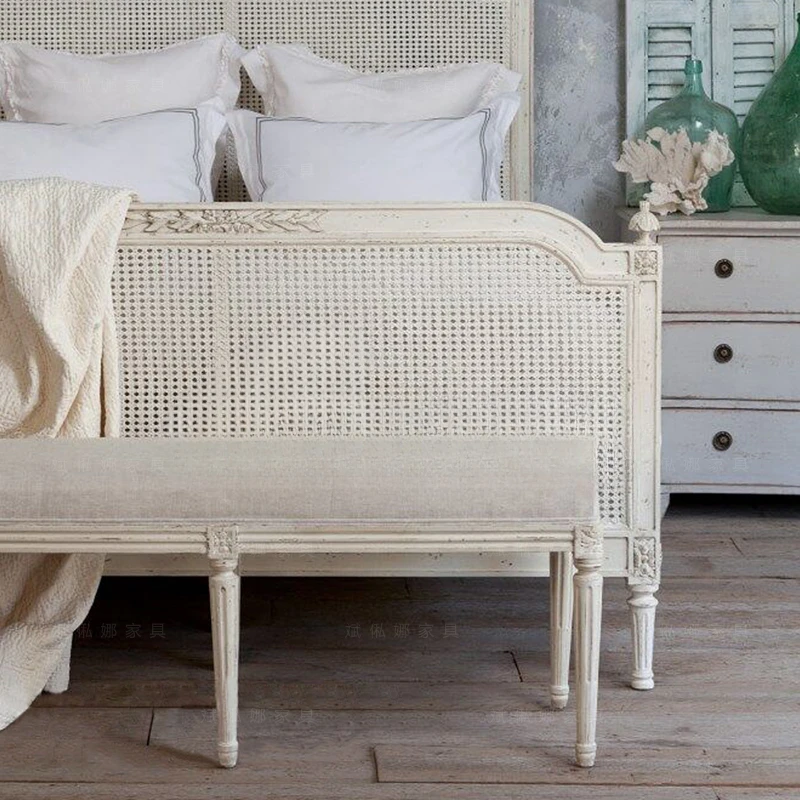 American style rural double bed retro vintage rattan woven solid wood carved rattan princess