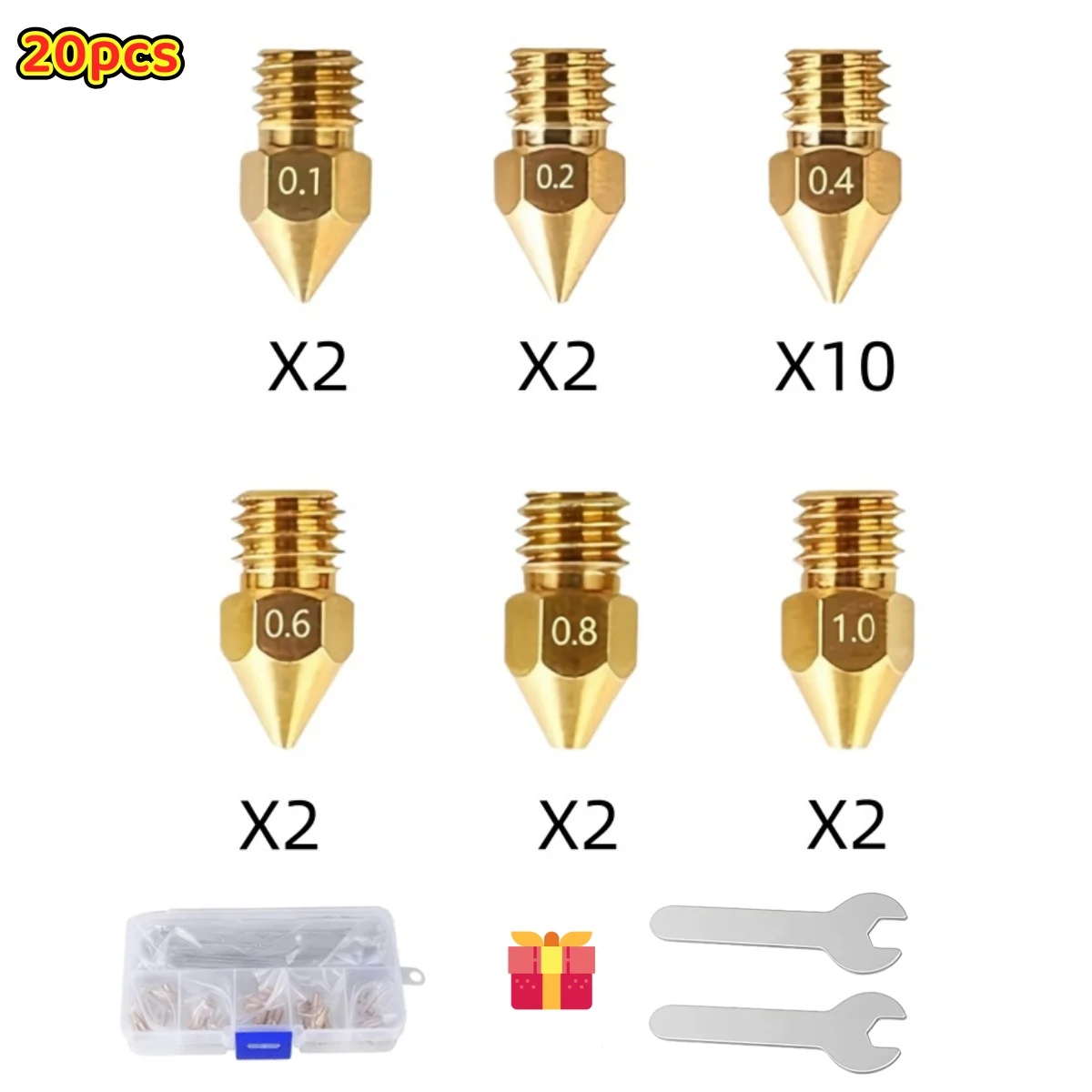 Creality 10/20 Pcs MK8 Brass Nozzle 0.1MM 0.2MM 0.4MM 0.6MM 0.8MM 1.0MM Extruder Head Nozzles For CR10 CR10S Ender-3 3D Printer