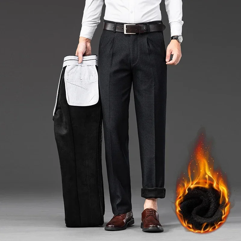 Winter Warm and Thickened Men\'s Business Casual Pants Classic Style Loose Straight Black Fleece Trousers Male Brand