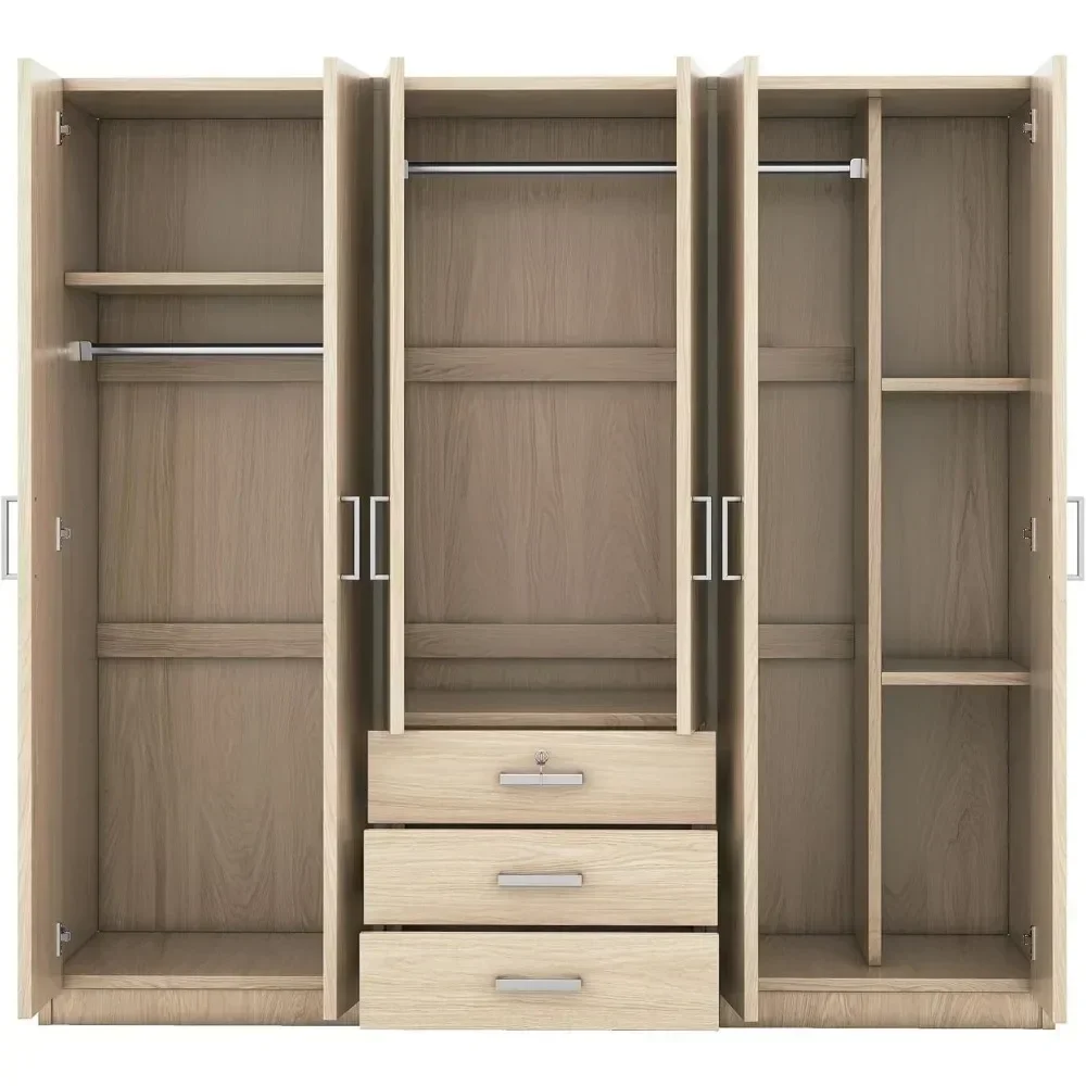 Large Wardrobe Closet 6 Doors, Wooden Wardrobe Cabinet with Big Drawers, Bedroom Armoire Dresser Wardrobe Clothes Organizer