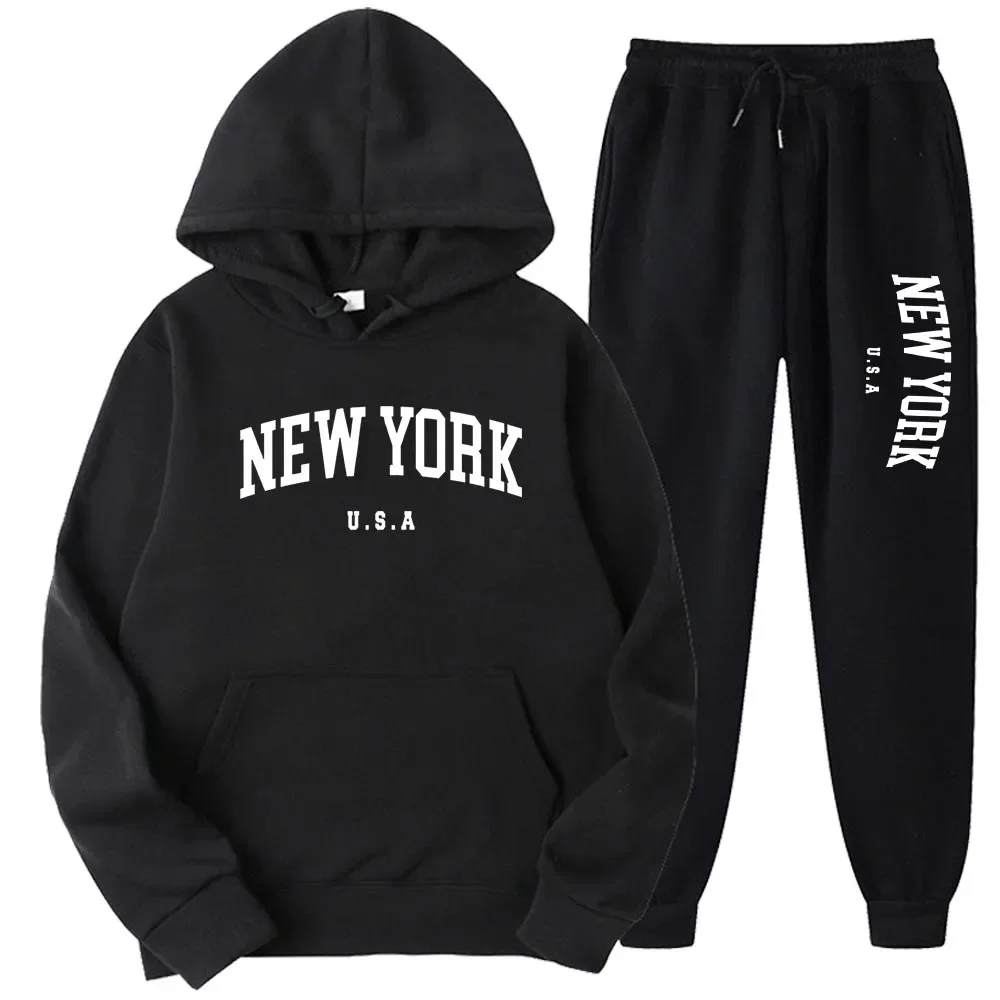 

New York Print Hoodies Casual American Style Hoodie Set Mens Autumn Long Sleeves Hooded Loose Pullover Street Sweatshirt