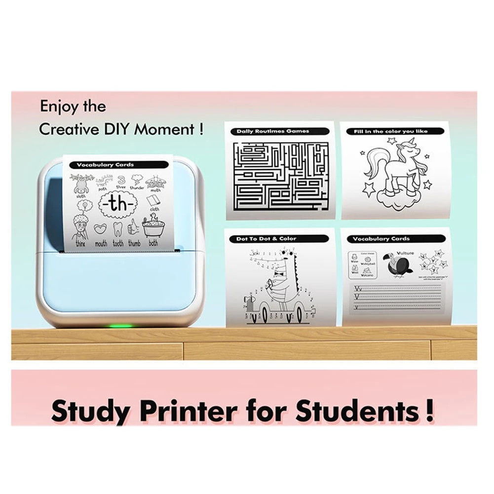 Portable Thermal Printer Mini Printer with Stickers Printer for Notes Journal DIY Kids Gift Pink