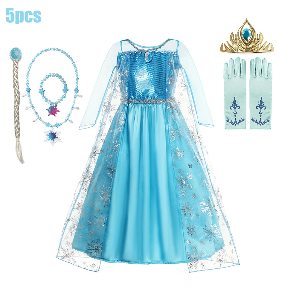 Disney Frozen Princess Elsa Costume For Girl 2024 Carnival Party Snow Queen Luxury Cosplay Birthday Party Ball Gown Outfit Dress