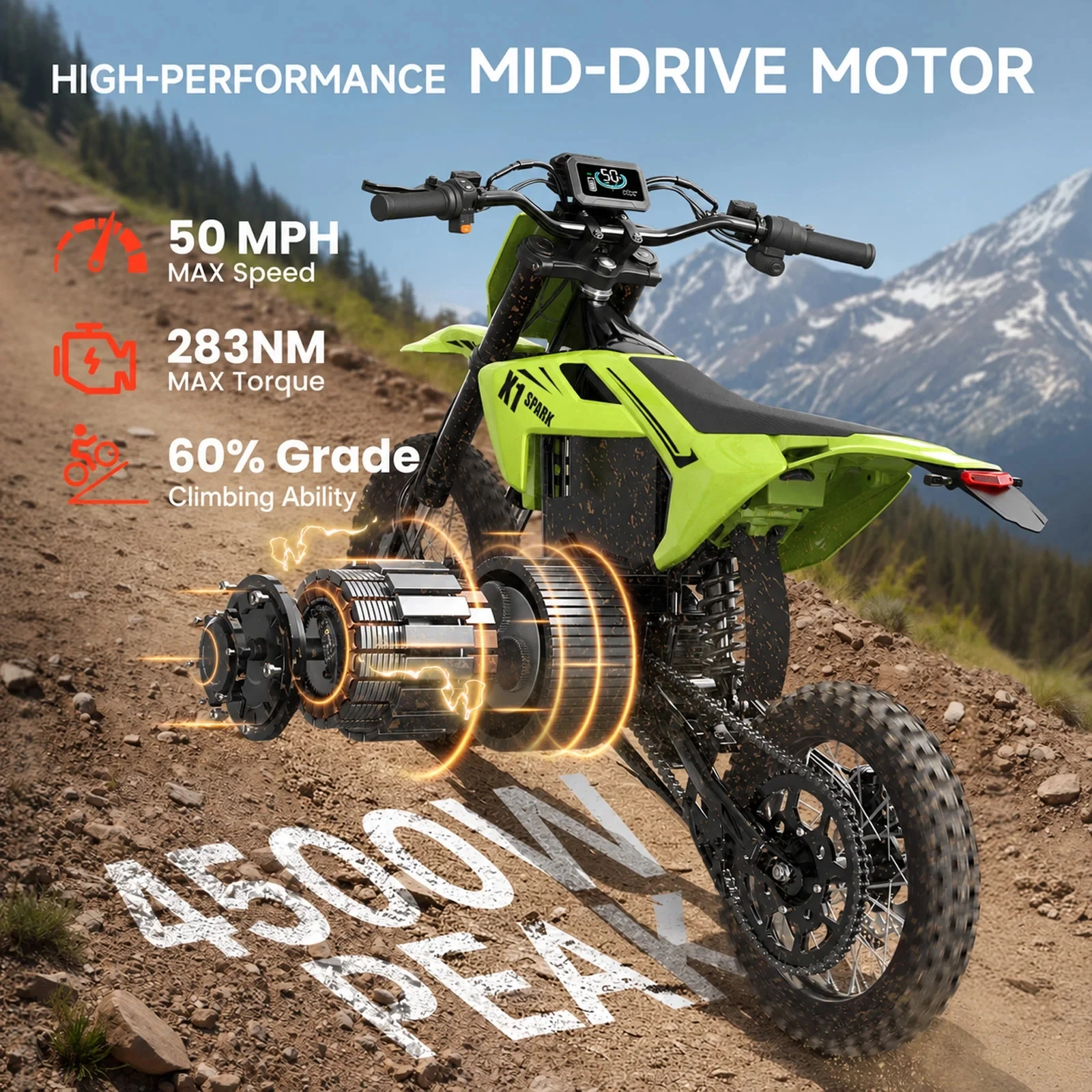 QRONGE X1 Spark Electric Off-Road Motorcycle, 60V 28.8Ah Battery, 4500W Peak Motor, 50MPH, 60 Mile Range, 3 Speed Modes, 14