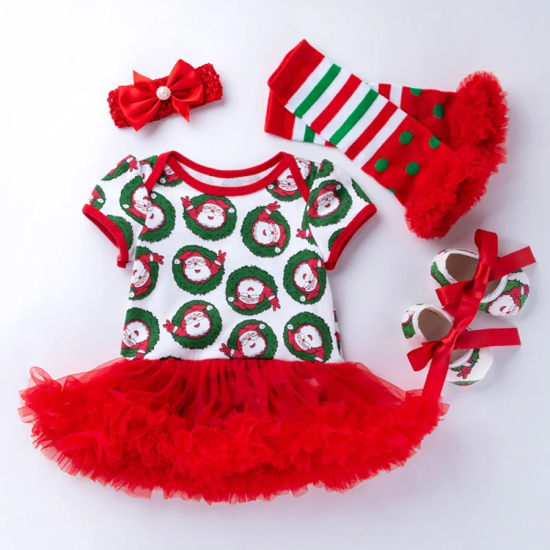 

4Pcs Baby Girls Clothes Sets Christmas Kids Short-sleeved Cartoon Romper Dresses+Headband+Legging pants+Shoes Outfits Suit