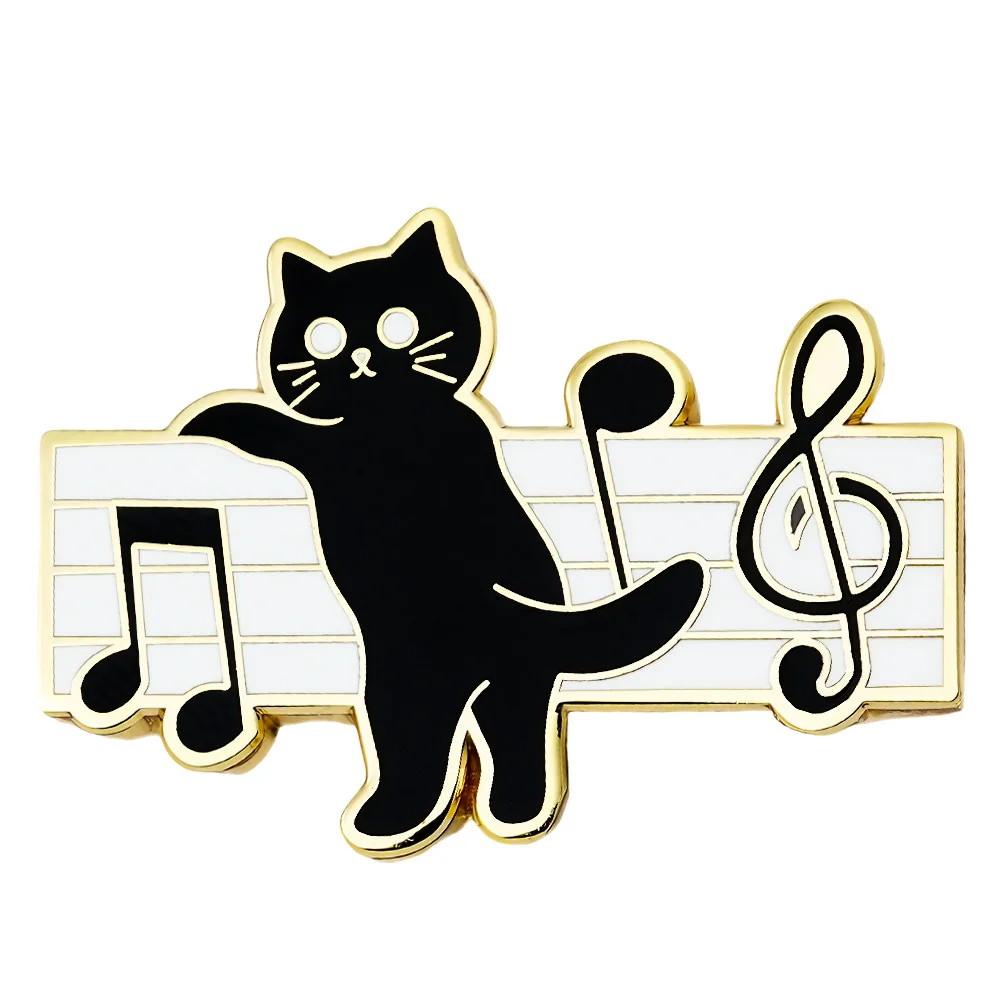 1pc Cute Music Note Black Cat Enamel Pin, Treble Clef Staff Brooch, Stylish Lapel Accessory for Music Lovers