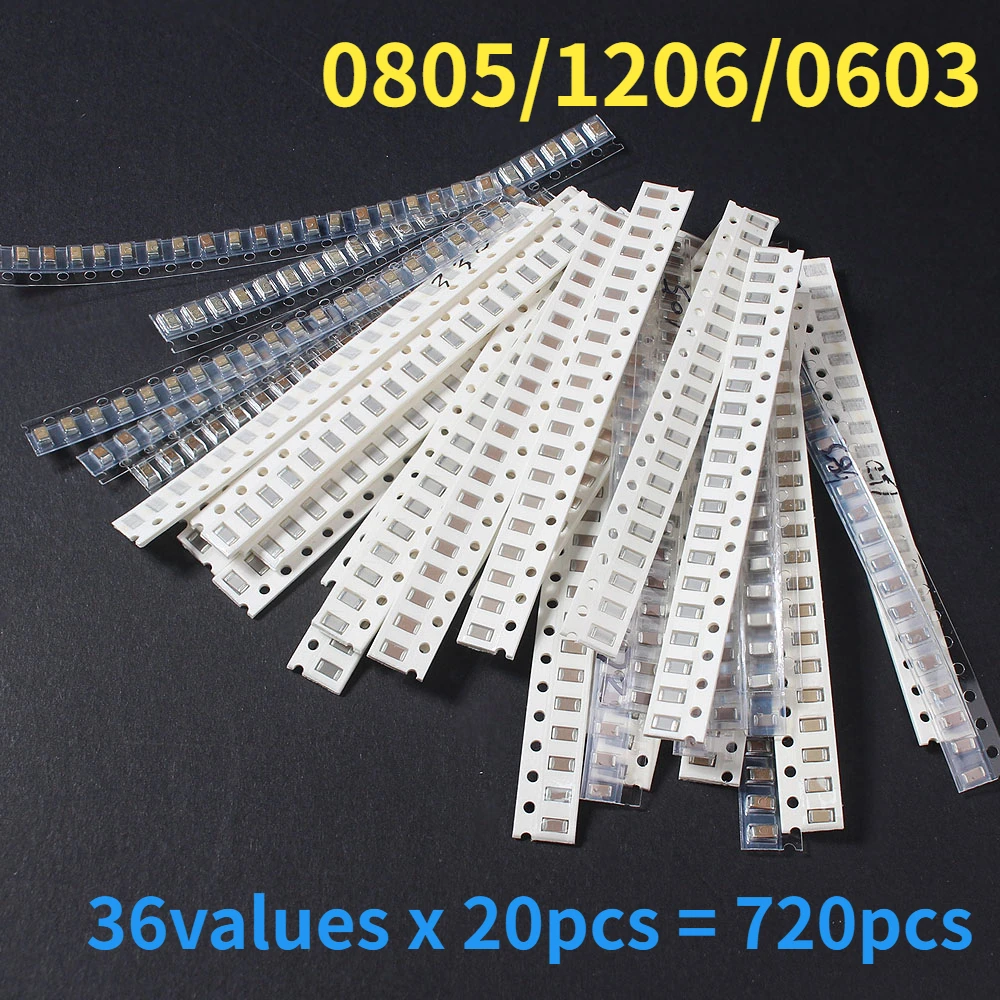 

720PCS 0805/0603/1206 SMD Capacitor Kit 1pF ~10uF 36 Values*20pcs Capacitor Assorted Set 10PF 30PF 47PF 330PF 4.7NF 10NF 68NF