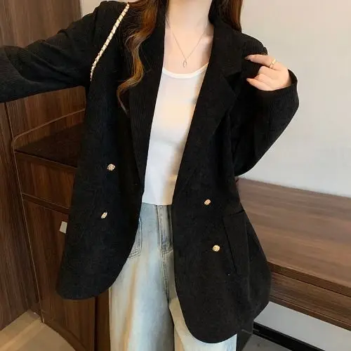 Corduroy Right Shoulder Suit Jacket Women 2024 Spring Autumn New Solid Color Loose Design Single-Breasted Long-Sleeved Top