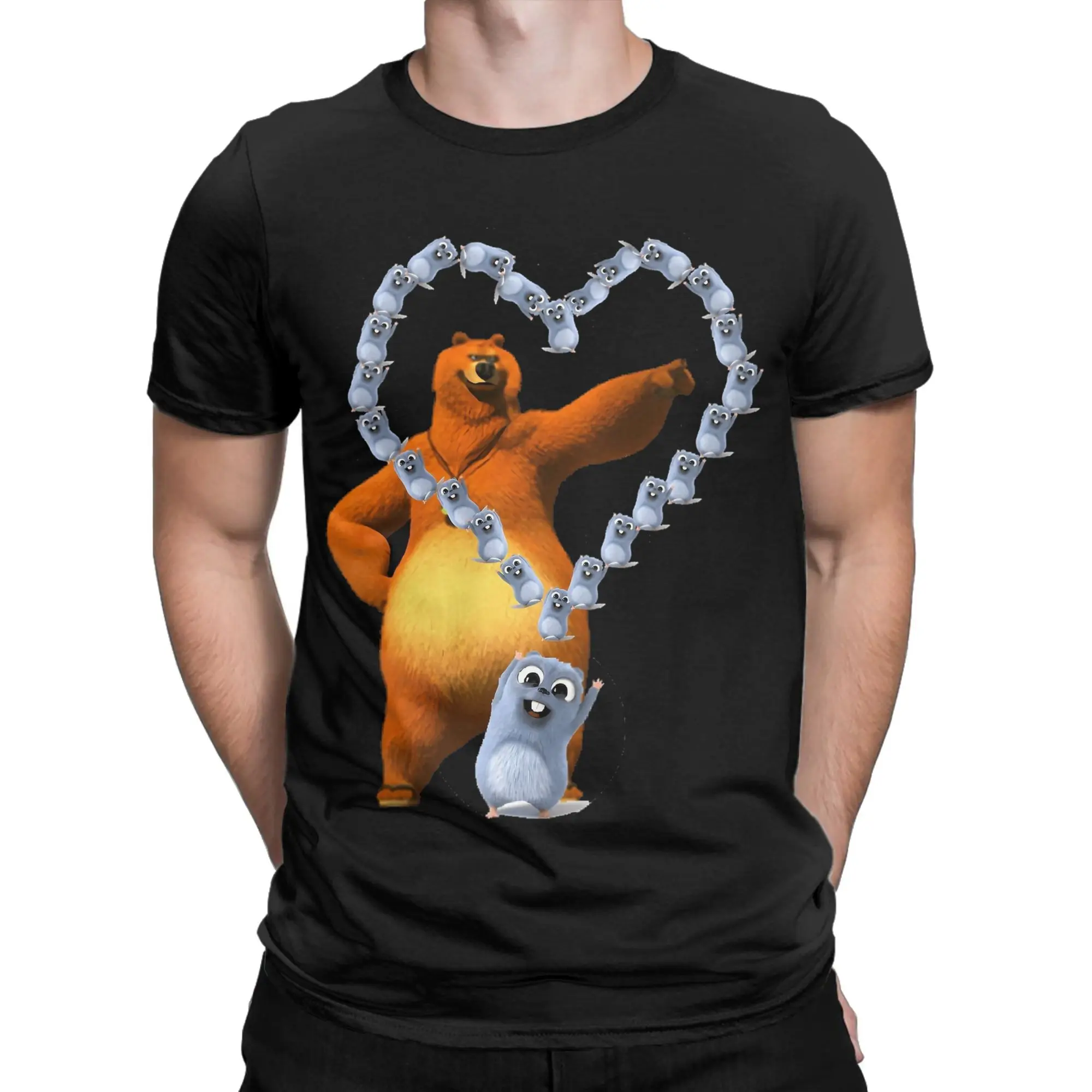 Vintage Grizzly and Lemmings Tshirts Men's Cotton Short Sleeve Cartoon Round Neck Summer Clothing