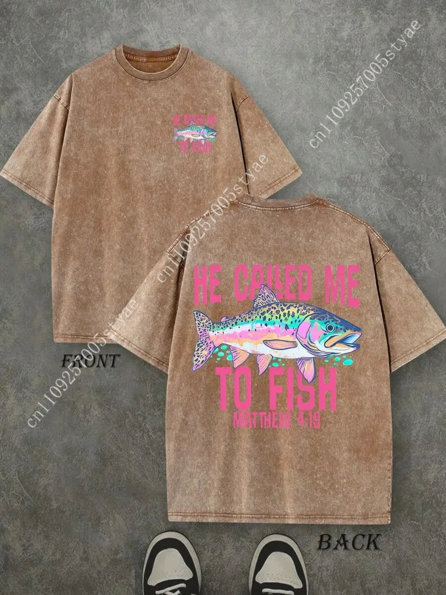 Retro Washed T-Shirt Double Sided Printed (230 Pure Cotton T-Shirt) 'HE CALLED ME TO FISH'  Letter And FISH Pattern Print, Mens