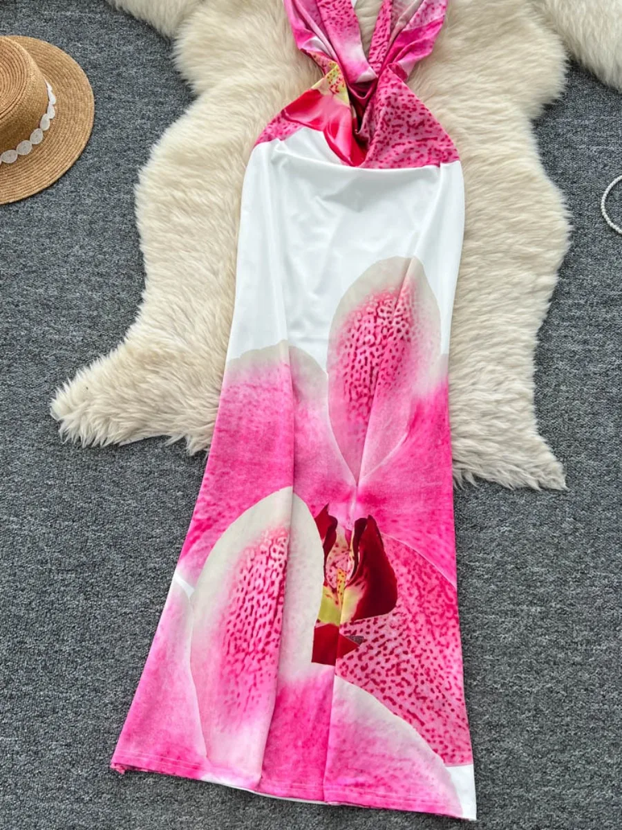 Foamlina ファッション V ネックフラワープリントホルタードレス女性の夏ディープ V カウルネック背中の開いたボディコン美しいマキシドレス