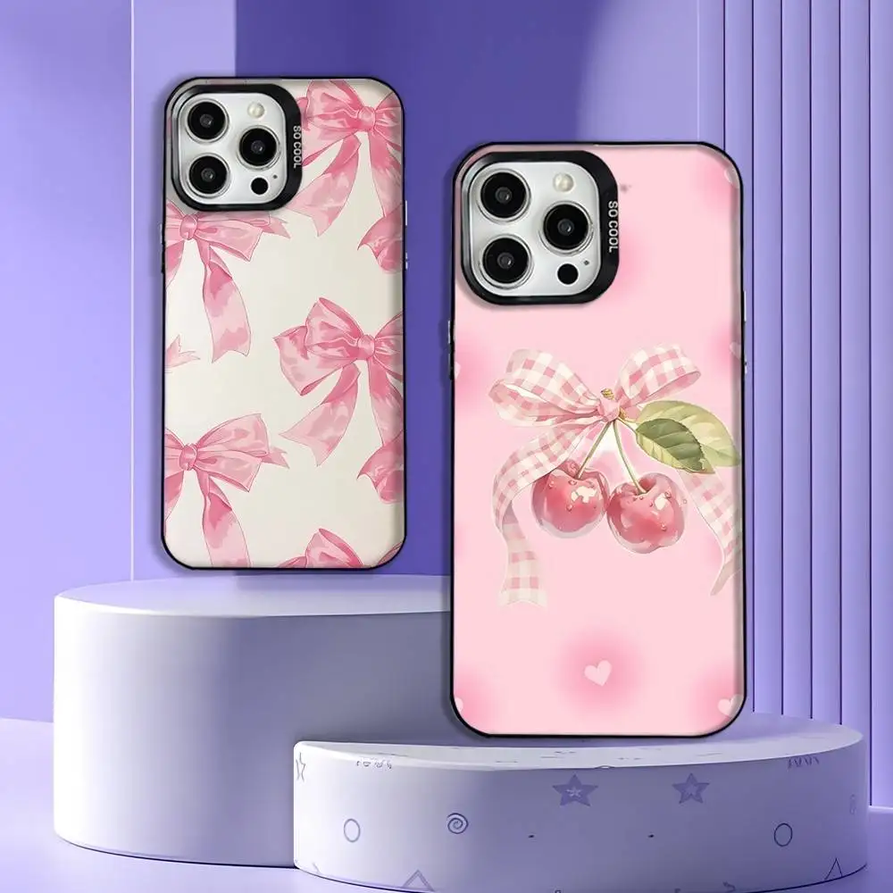 

Korean Cute Pink Bow Phone Case For iPhone 16,15,14,13,12,11,Mini,Pro,E,MAX Gray Matte Silicone Black Cover