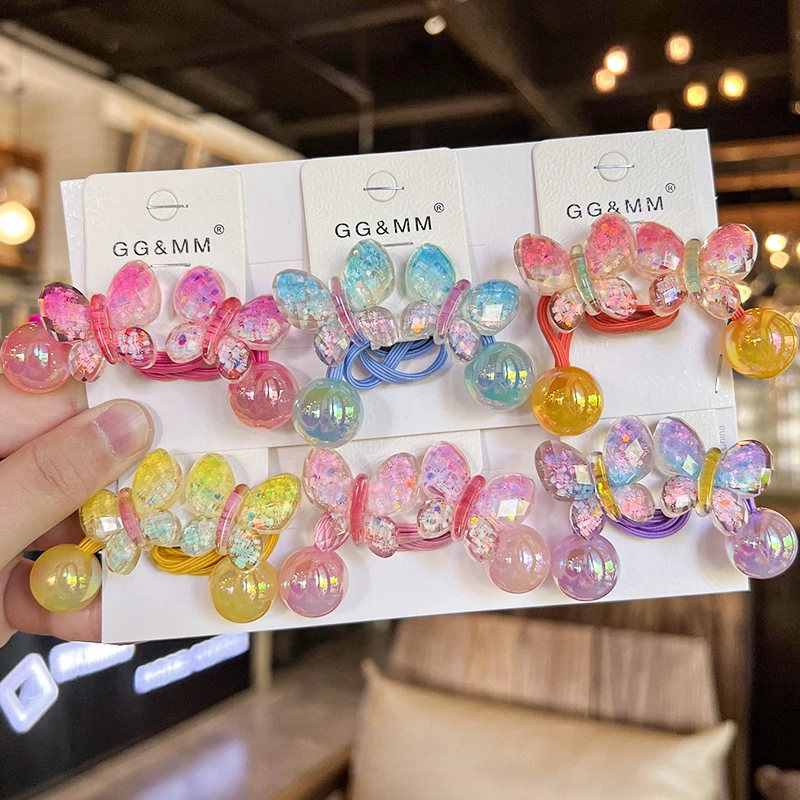Children's Cartoon Hair Accessories Jelly Beads Korean Gradual Change Color Butterfly Hair Rope Girls Rubber Band Head Jewelry
