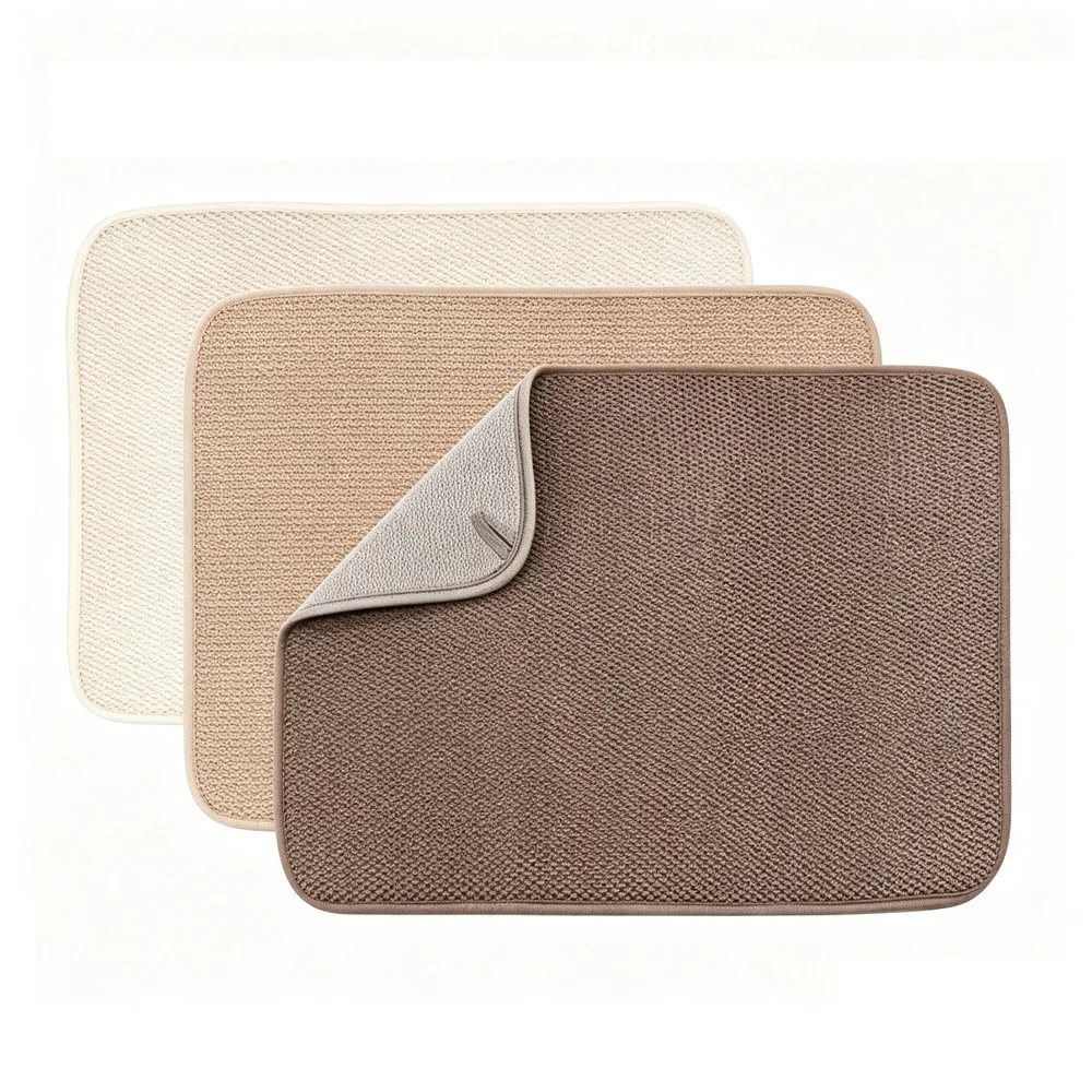 3 Piece Absorbent Dish Drying Mat Set for Kitchen Countertop Draining with Compact Foldable Design and Quick Air-Dry Capability