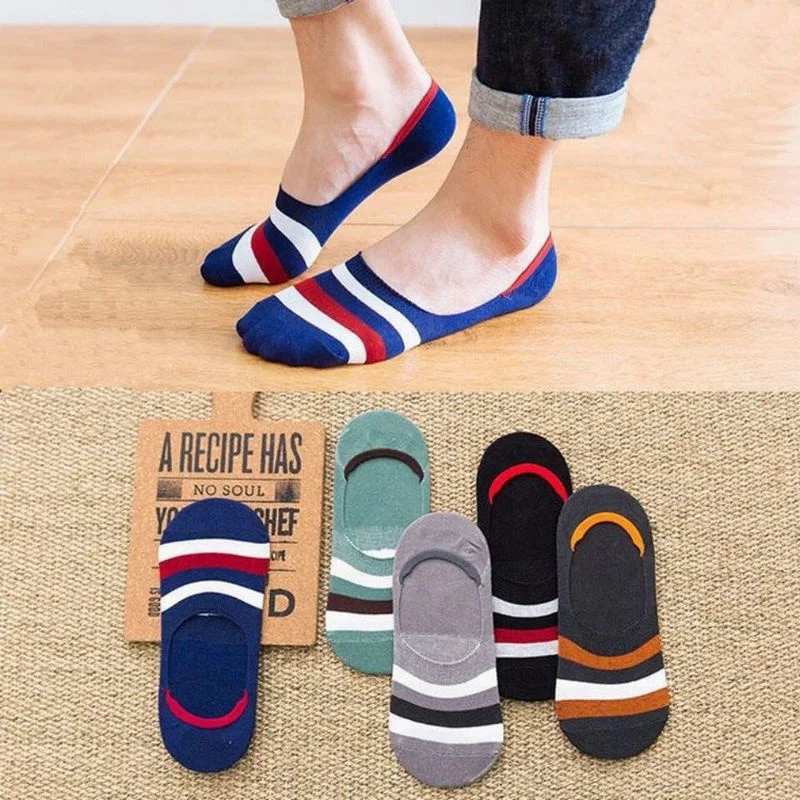 5 pares de calcetines náuticos de algodón a rayas/sólidos/puntos para hombre, calcetines invisibles finos de verano para mujer, calcetines antideslizantes de silicona para deportes