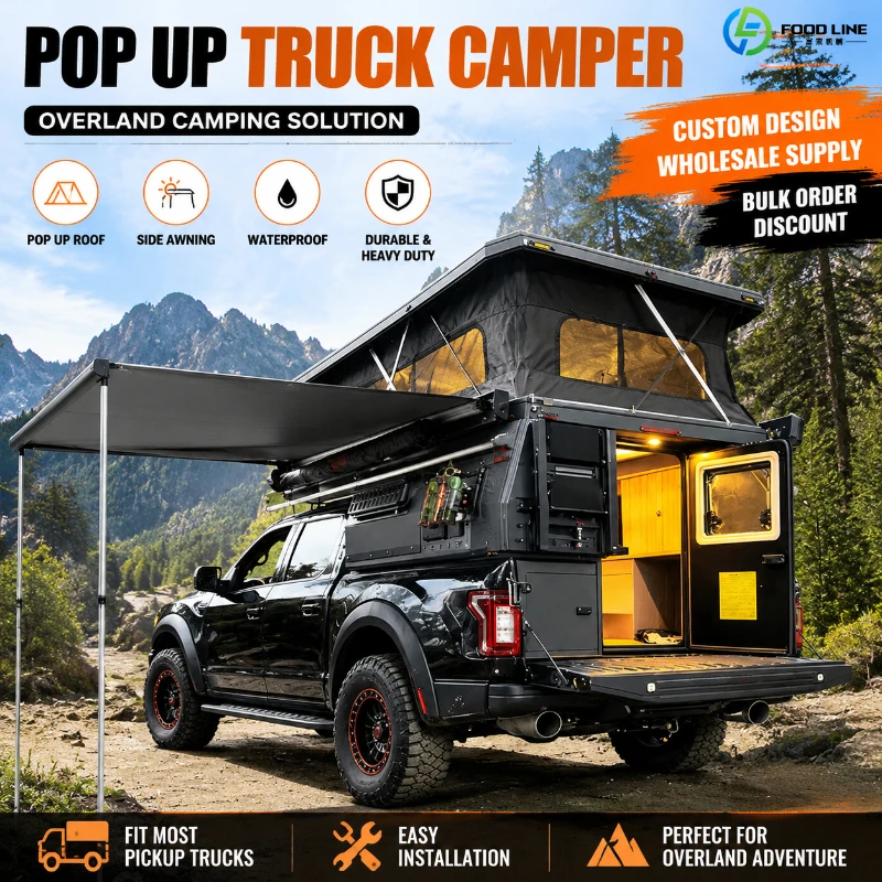 Pop Up Pickup Truck Camper Shell with Side Awning for Overland Camping Wholesale Custom Rooftop Tent Bed Camper