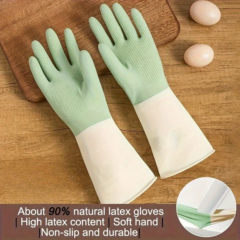 Thick Waterproof Latex Kitchen Gloves - Beige and Mint Green, Non-Slip Grip for Dishwashing Cleaning Household Items Materials