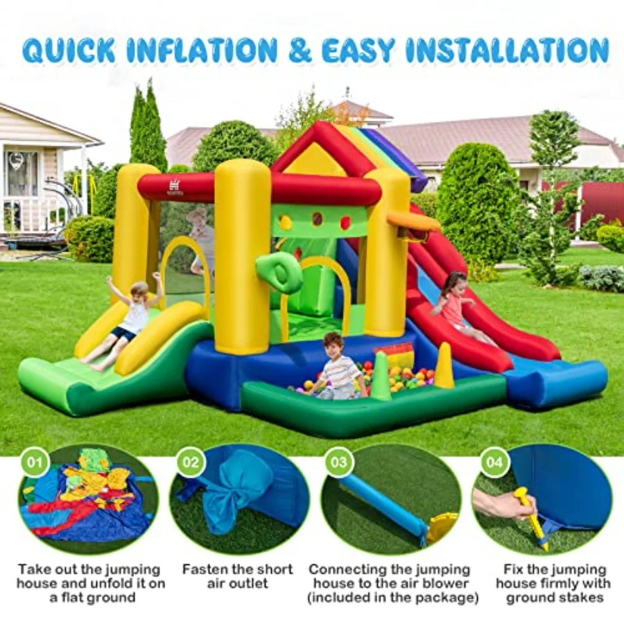 Inflatable Bounce House w/Blower, Indoor & Outdoor Bouncy Castle w/ 2 Slides, Ball Pit, Jumping Playhouse Inflatable Bouncer for