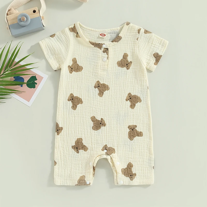 Baby Boy Girls Summer Jumpsuit Casual Bear Print Round Neck Short Sleeve Romper for Toddler Newborn