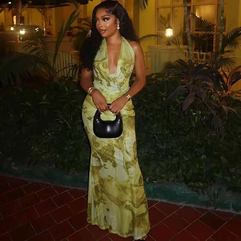 Siostra gwiazda 2025 damska świeża moda z nadrukiem Backless elegancka sukienka z rybim ogonem wąska sukienka z głębokim dekoltem w szpic