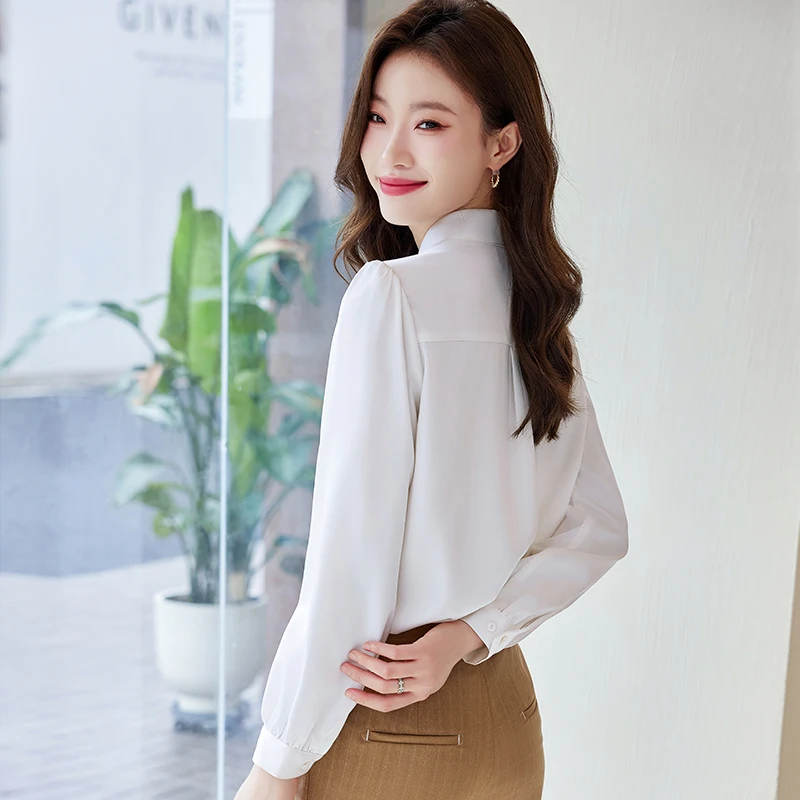 NAVIU Gray Bow Tie Shirt Women New 2023 Autumn Temperament V Neck Formal Long Sleeve Blouses Office Ladies Work Tops Champagne