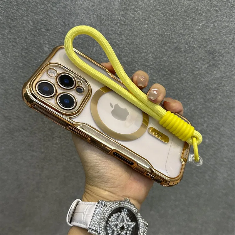 Unique Blade Mecha Soft TPU Plating Magsafe Case for iPhone 16 11 12 13 14 15 Pro Max 13Pro 16Pro Transparent Wrist Strap Cover