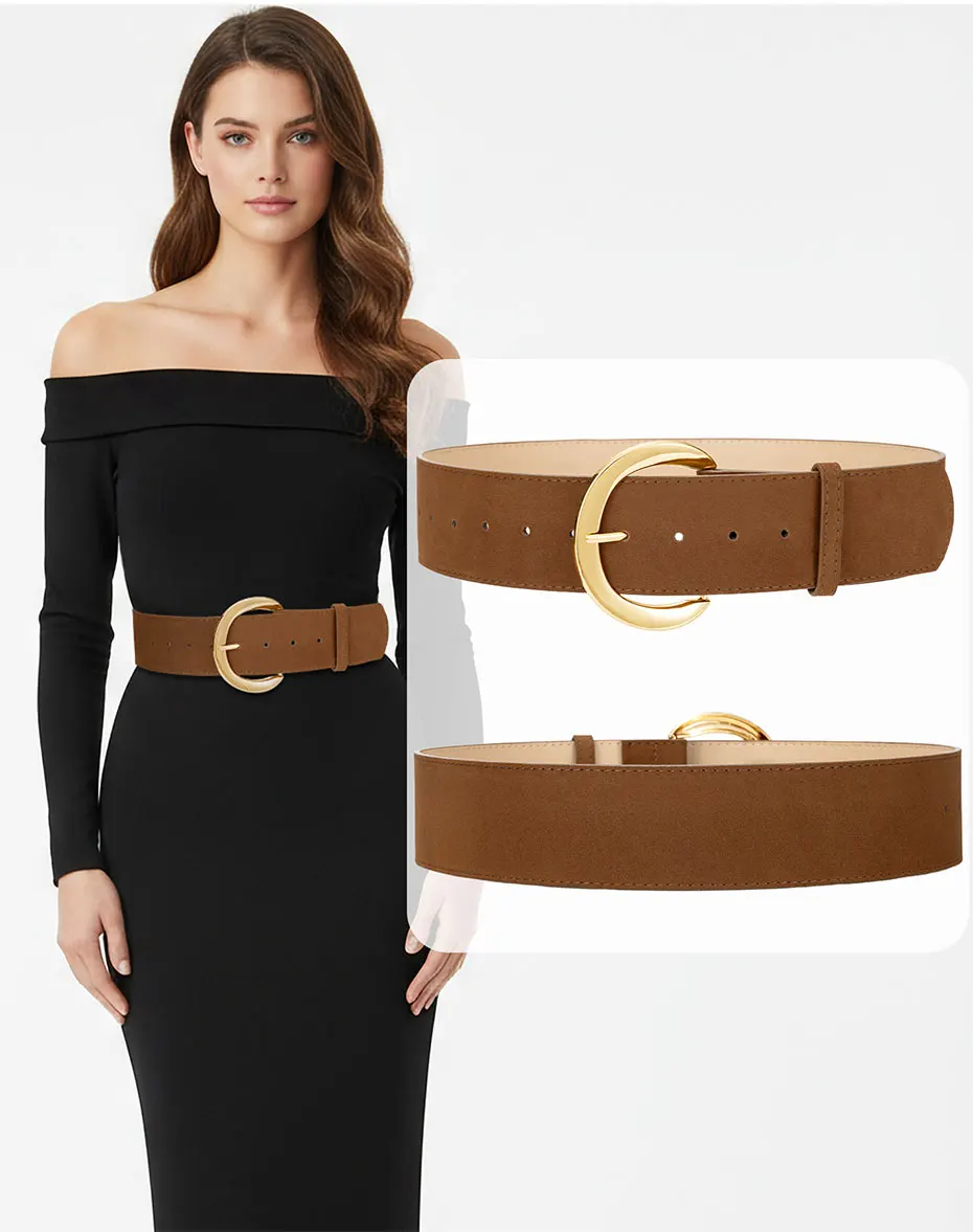 Maikun breite Wildledergürtel für Damen, Damen, klobiger Bund, modisch für Kleid mit goldener Schnalle – Detail 8