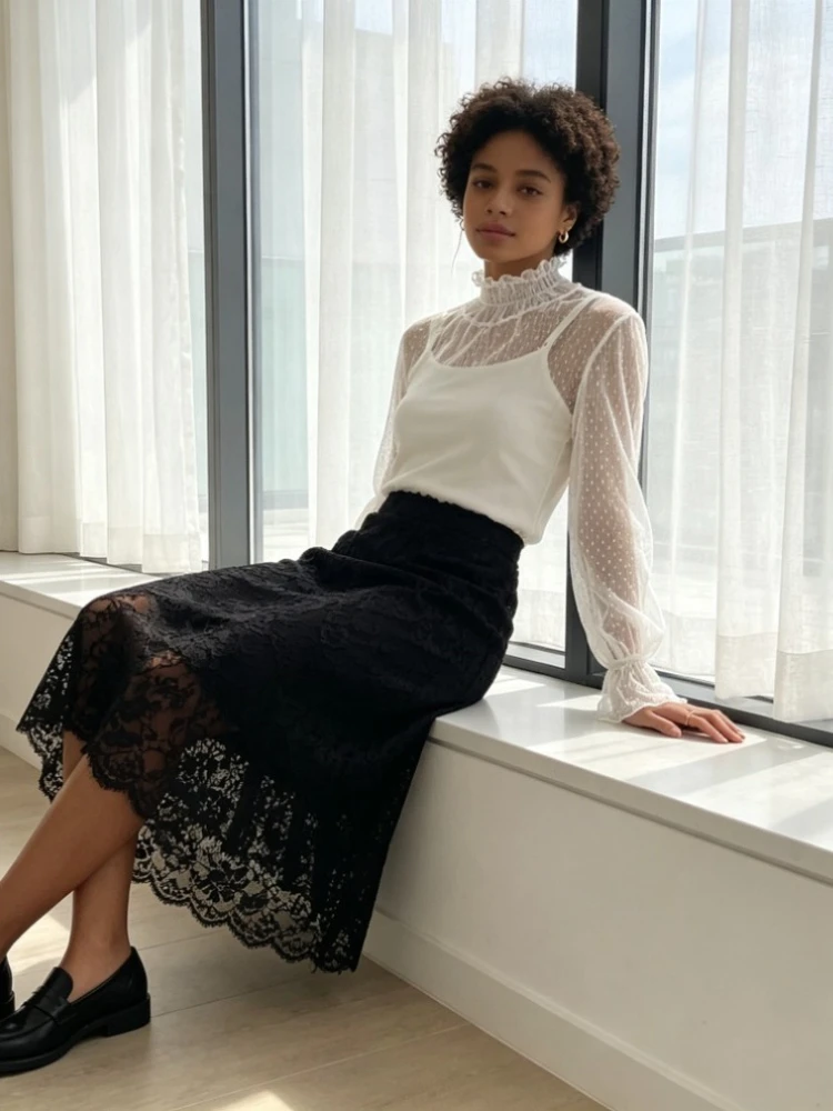 Inner Top Women Home Loungewear Cozy Relax Slow Weekend Morning Bedroom Almond Lace Trim High Neck Long Sleeve Sheer Mesh Doll