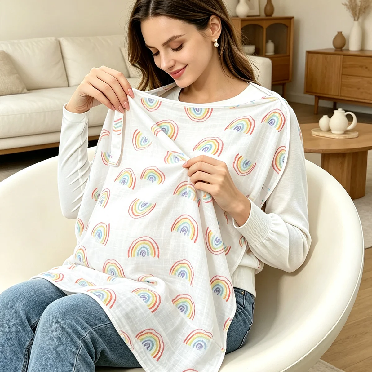 1 Piece All-Season Breathable Nursing Cover with Curved Neckline, for Moms' Daily Breastfeeding and Baby Covering Use
