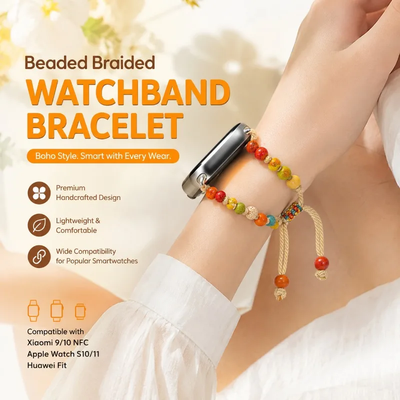 Beaded Braided Watch Strap Compatible for Xiaomi 9 10 Band 8 Pro Apple Watch S10 S11 Huawei Fit Wristband Handmade Bracelet