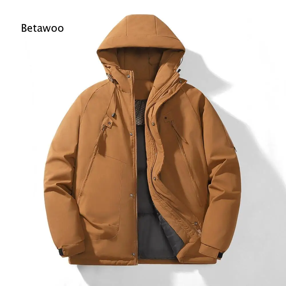 Men Loose Fit Hooded Winter Puffer Jacket Full Zip Snap Closure Multi Side Pockets Adjustable Drawstring Cuffs Outer Garment