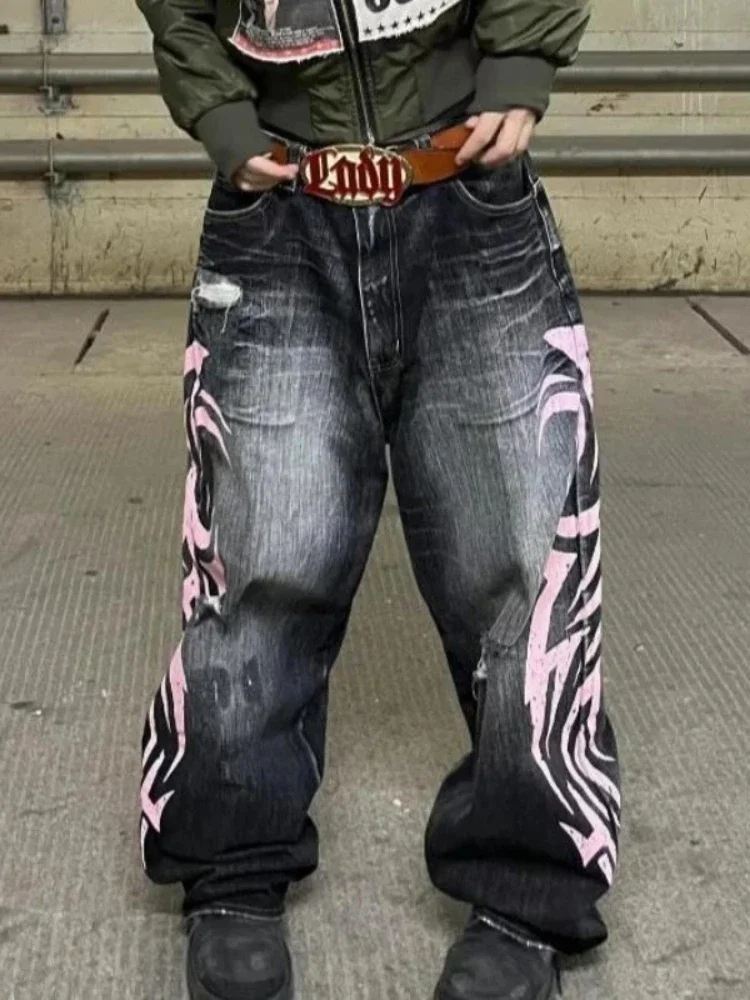 Y2k خمر القوطية الشرير الجينز النساء Harajuku طباعة الجرونج فضفاض سراويل جينز فاسق الهيب هوب الأسود الشارع الشهير واسعة الساق الجينز #4