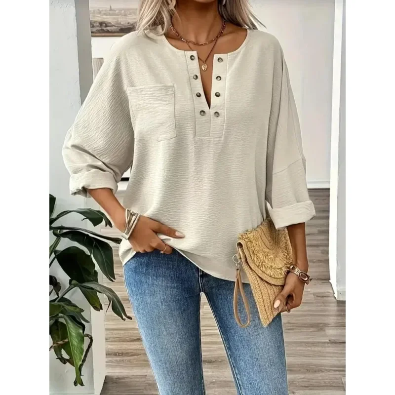 المرأة الجديدة الصلبة اللون زر الجبهة طويلة الأكمام قميص عارضة أزياء أعلى قمم المرأة مريحة